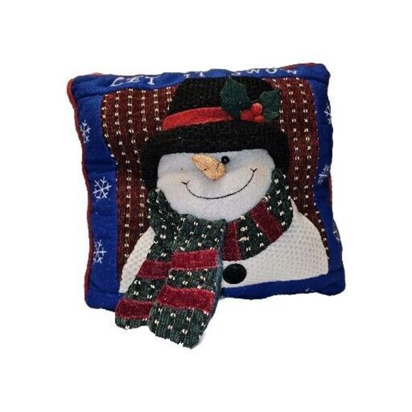 Vintage Quilted Snowman Throw Pillow Crochet Outfit Christmas Decor Let It Snow - Picture 1 of 13